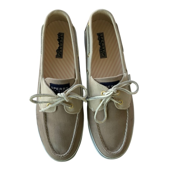 SPERRY TOP-SIDER Boat Shoes Sneakers Size 10 M Tan Beige Canvas Deck Shoes - Picture 2 of 7